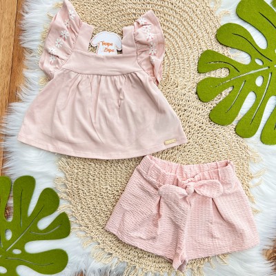 Conj. Batinha com Florzinhas e Short - Rosa